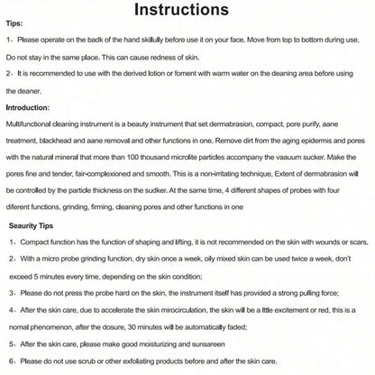 Instruction sheet for Zorelie.co electric blackhead remover for women with cleaning tips and safety guidelines