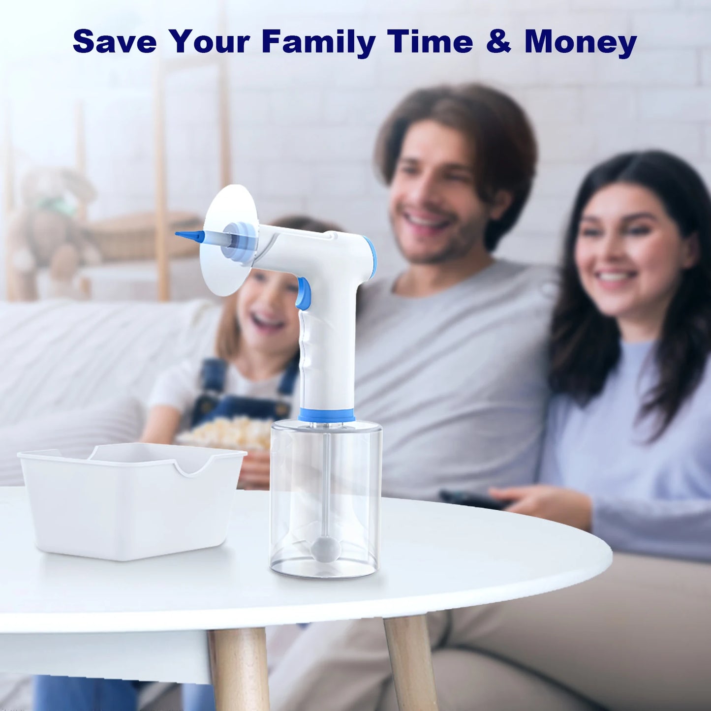 Electric ear wax removal tool on a table with a smiling family in the background saving time and money