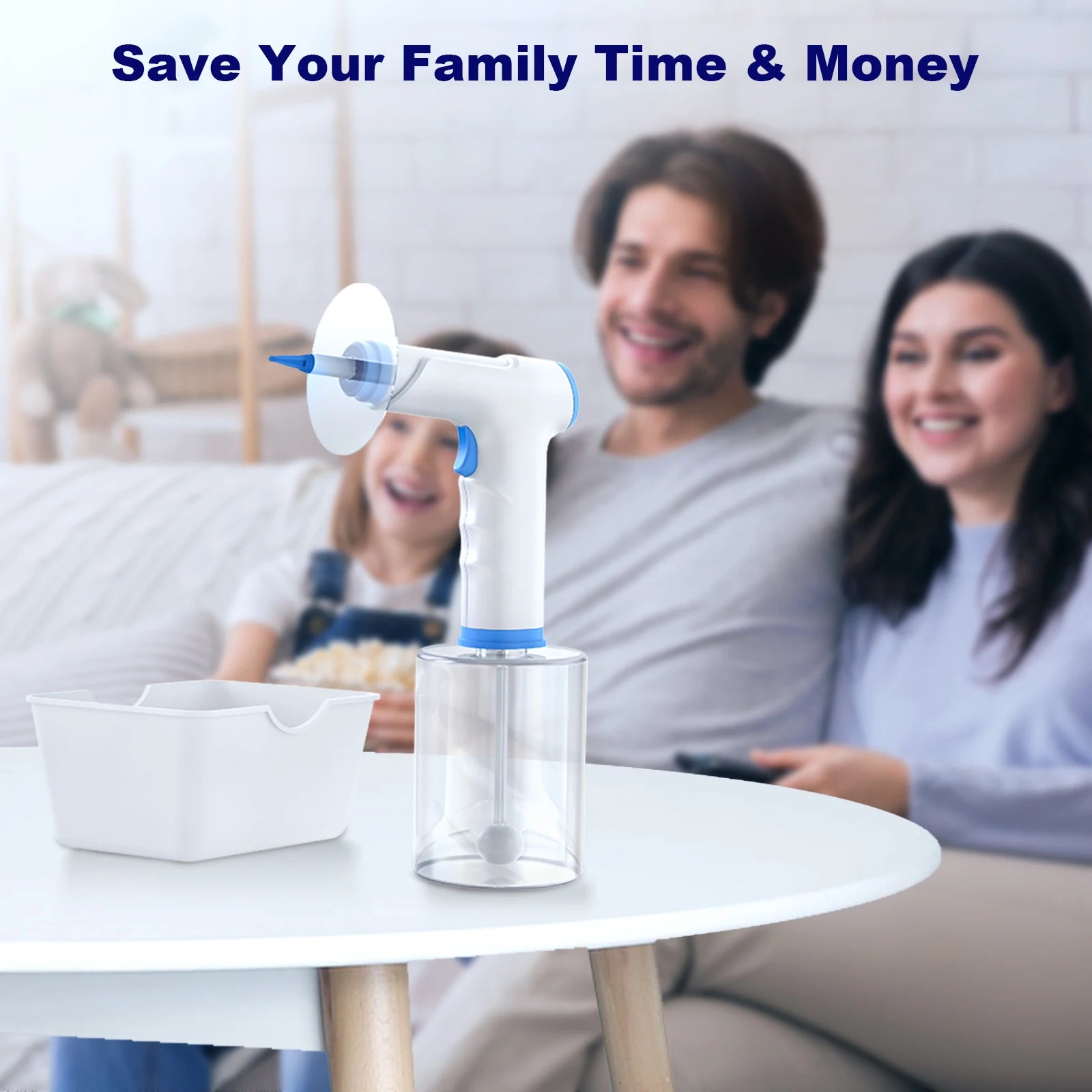 Electric ear wax removal tool on a table with a smiling family in the background saving time and money