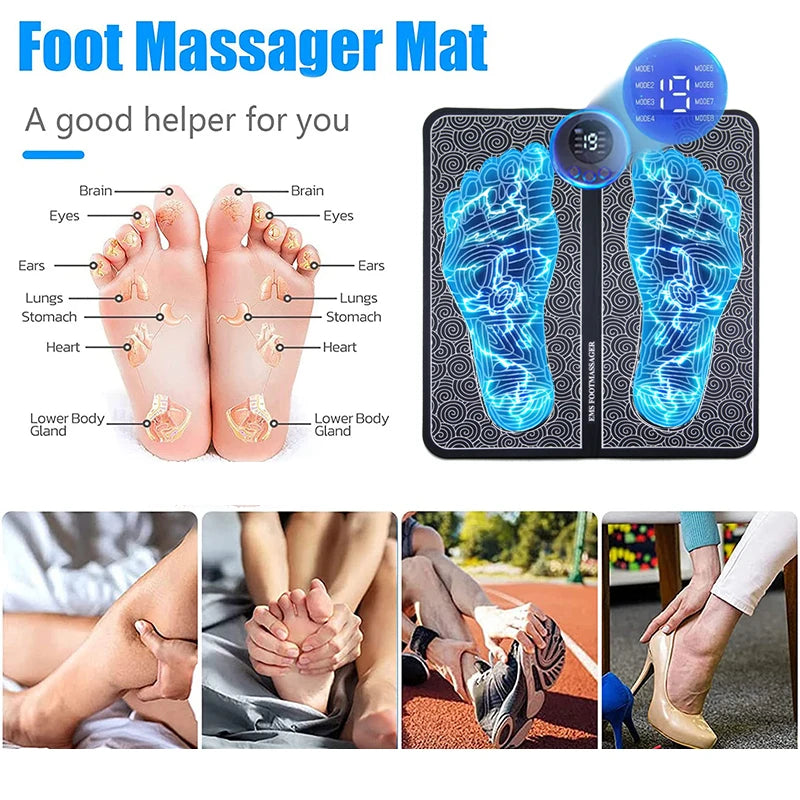 Zorelie electric foot massager pad showing foot reflexology points with usage on different feet