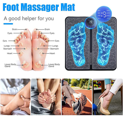 Zorelie electric foot massager pad showing foot reflexology points with usage on different feet
