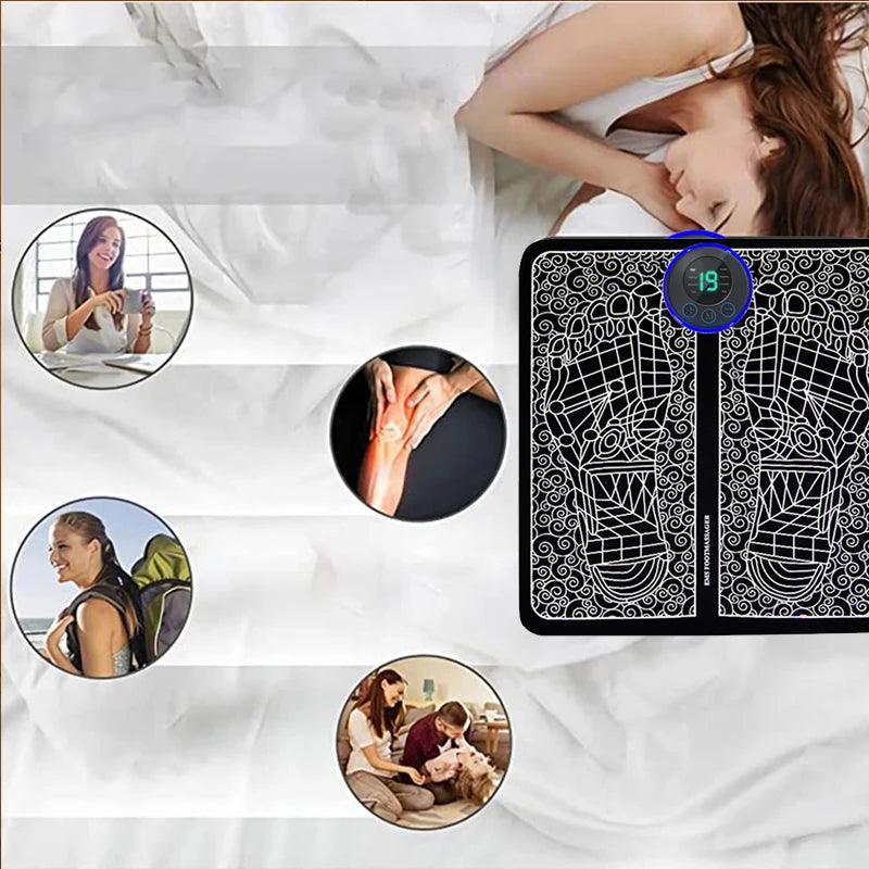 Zorelie.co electric foot massager pad with digital display and intricate foot design for pain relief and relaxation