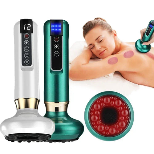 Electric gua sha massager for cellulite in green and white with digital controls being used on woman's back