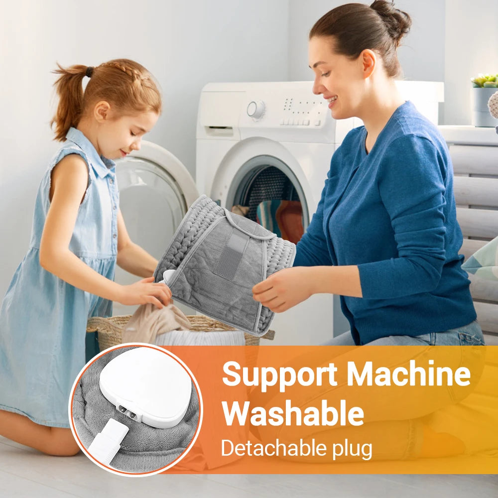 Mother and daughter handling a gray electric heating pad belt for back pain with machine washable feature