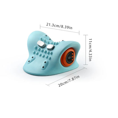 Blue electric neck and shoulder massager with ergonomic design and control buttons showing dimensions