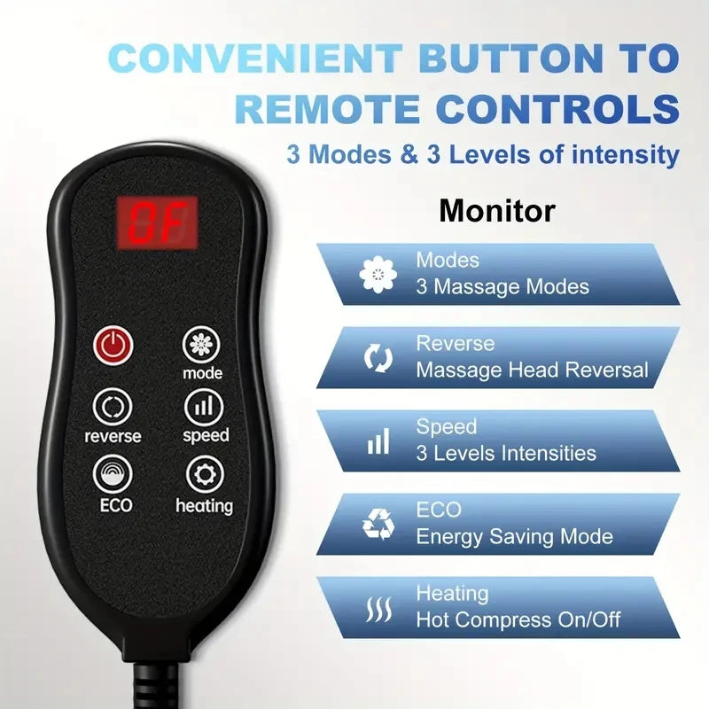 Remote control for electric shiatsu foot and calf massager with buttons for mode, reverse, speed, eco, and heating