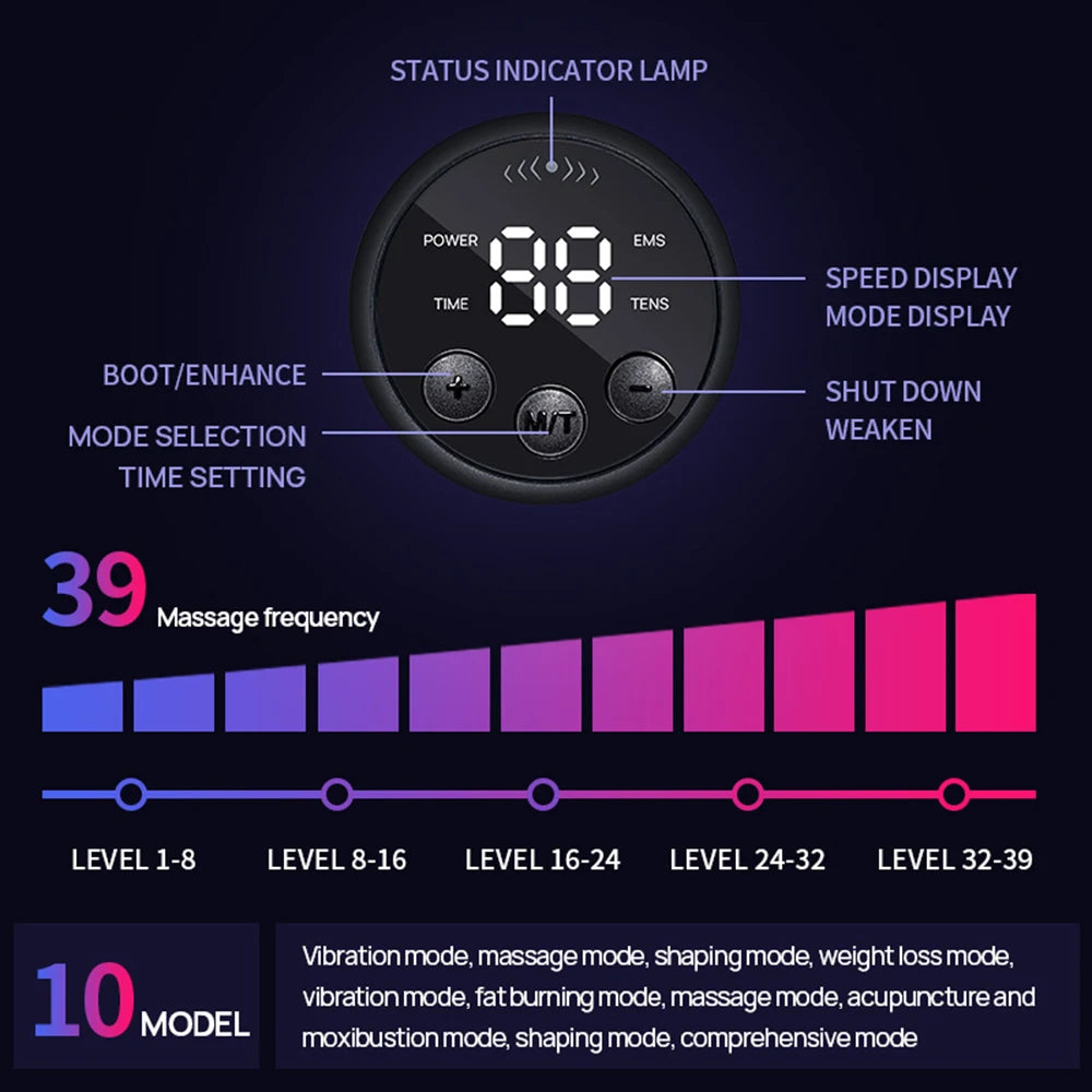 EMS abdominal toning belt digital control panel showing 39 massage frequencies and 10 modes with labeled buttons