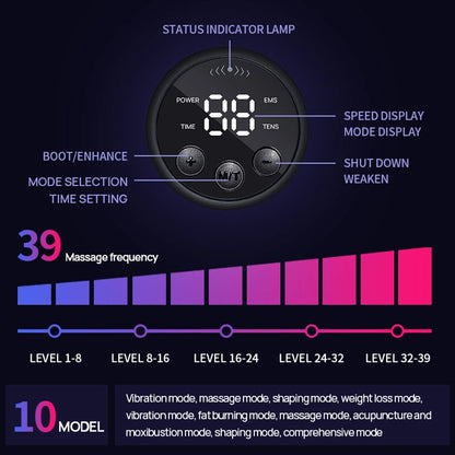EMS abdominal toning belt digital control panel showing 39 massage frequencies and 10 modes with labeled buttons