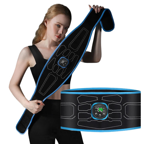 Woman holding EMS abdominal toning belt with digital display by Zorelie.co in black and blue