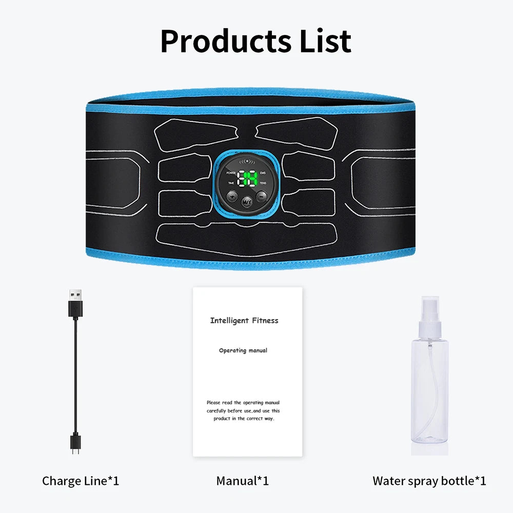Zorelie.co EMS abdominal toning belt with digital control, USB charging cable, manual, and water spray bottle