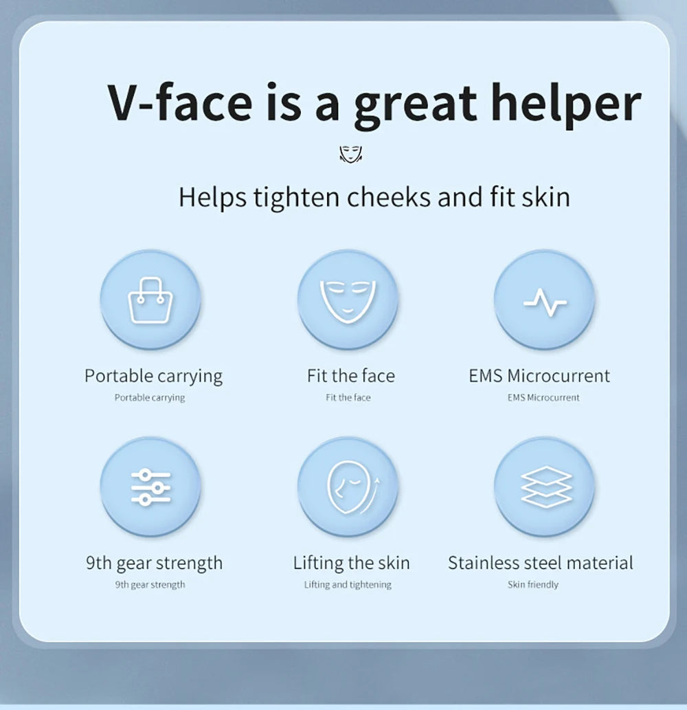 EMS face lifting massager infographic showing features like portable carrying, EMS microcurrent, and stainless steel material