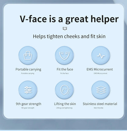 EMS face lifting massager infographic showing features like portable carrying, EMS microcurrent, and stainless steel material