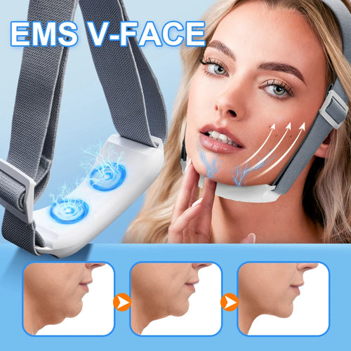 Zorelie.co EMS face lifting massager with adjustable straps shown on woman for V-face contouring