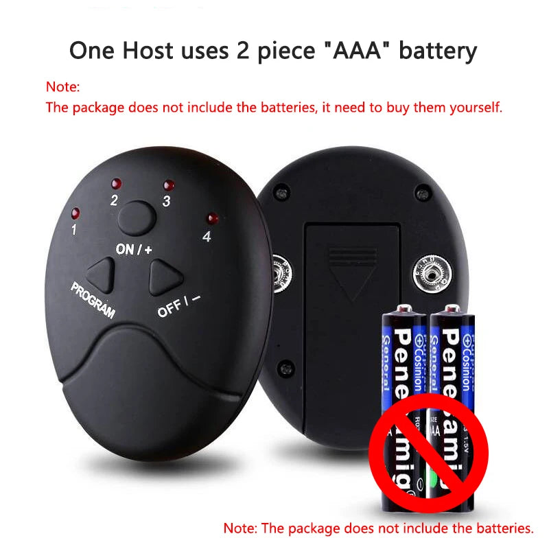 Black EMS muscle stimulator for abs remote control with battery compartment but no batteries included
