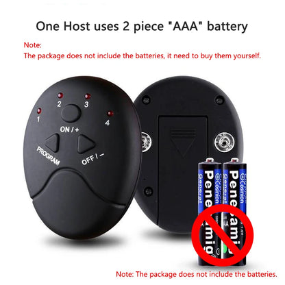 Black EMS muscle stimulator for abs remote control with battery compartment but no batteries included