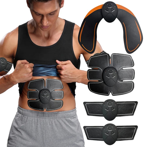 EMS muscle stimulator for abs shown on man with multiple black and orange electrode pads for muscle toning