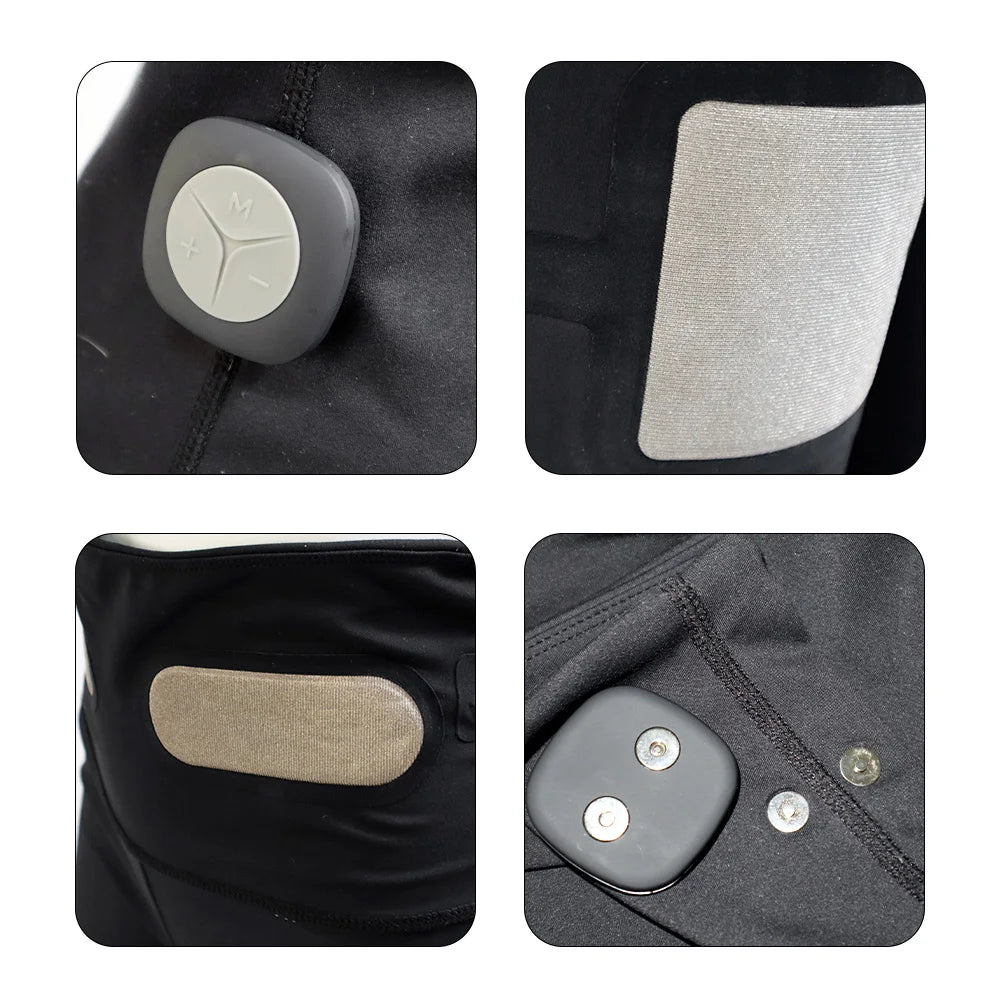Close-up details of EMS yoga shorts for muscle toning showing electrodes and fabric patches