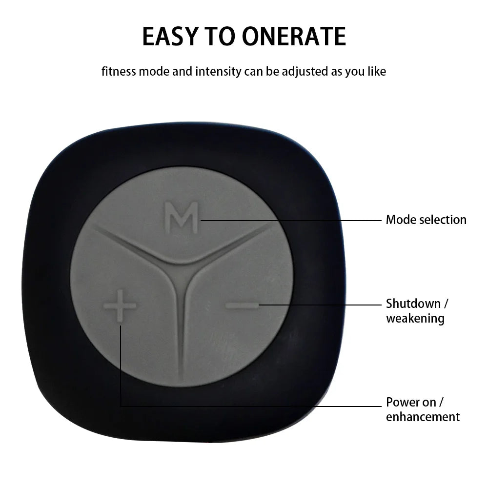Close-up of control panel for EMS yoga shorts for muscle toning with mode, power, and intensity buttons