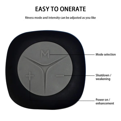 Close-up of control panel for EMS yoga shorts for muscle toning with mode, power, and intensity buttons