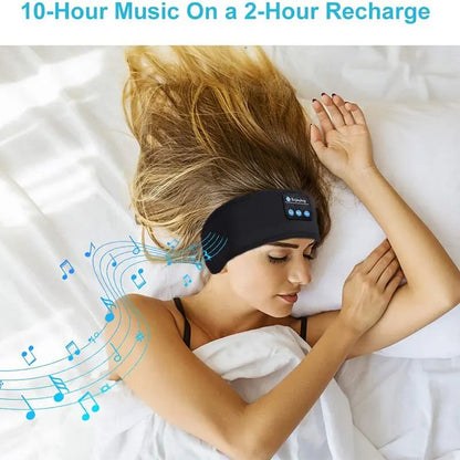 Woman lying in bed wearing Zorelie.co bluetooth headband headphones for sleep with 10-hour music playback