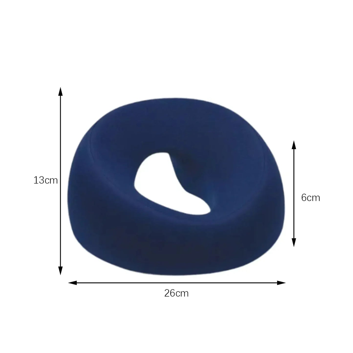 Zorelie.co ergonomic memory foam headrest in navy blue with dimensional measurements