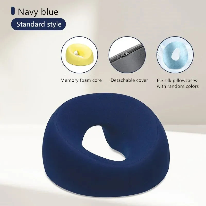 Navy blue ergonomic memory foam headrest with memory foam core and detachable ice silk cover