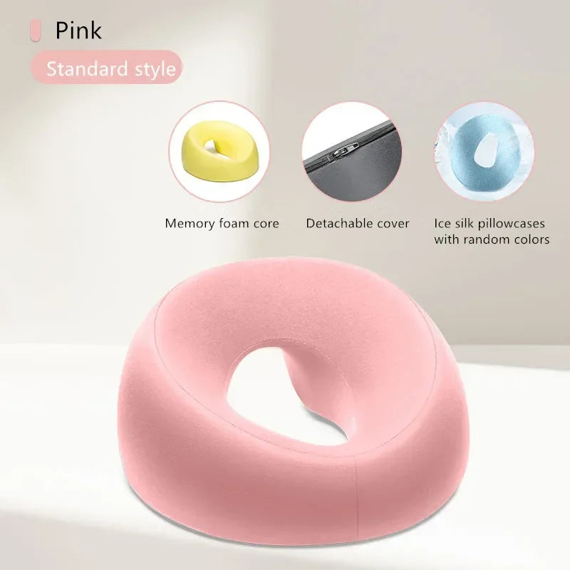 Pink ergonomic memory foam headrest with memory foam core and detachable cover