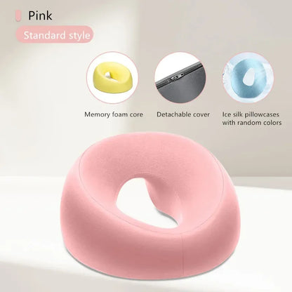 Pink ergonomic memory foam headrest with memory foam core and detachable cover