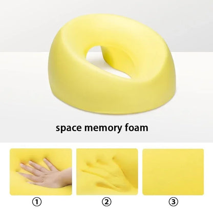 Yellow ergonomic memory foam headrest by Zorelie.co showing soft space memory foam and hand impressions
