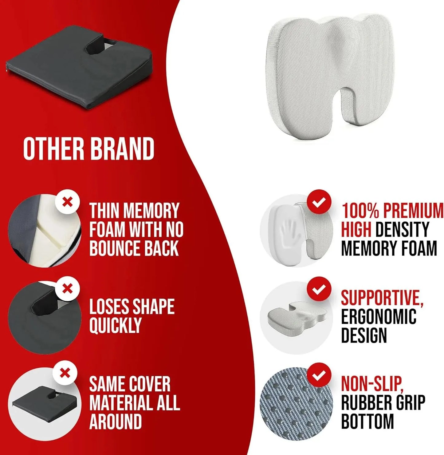 Comparison of ergonomic memory foam seat cushion with other brand showing high density memory foam and non-slip rubber grip bottom