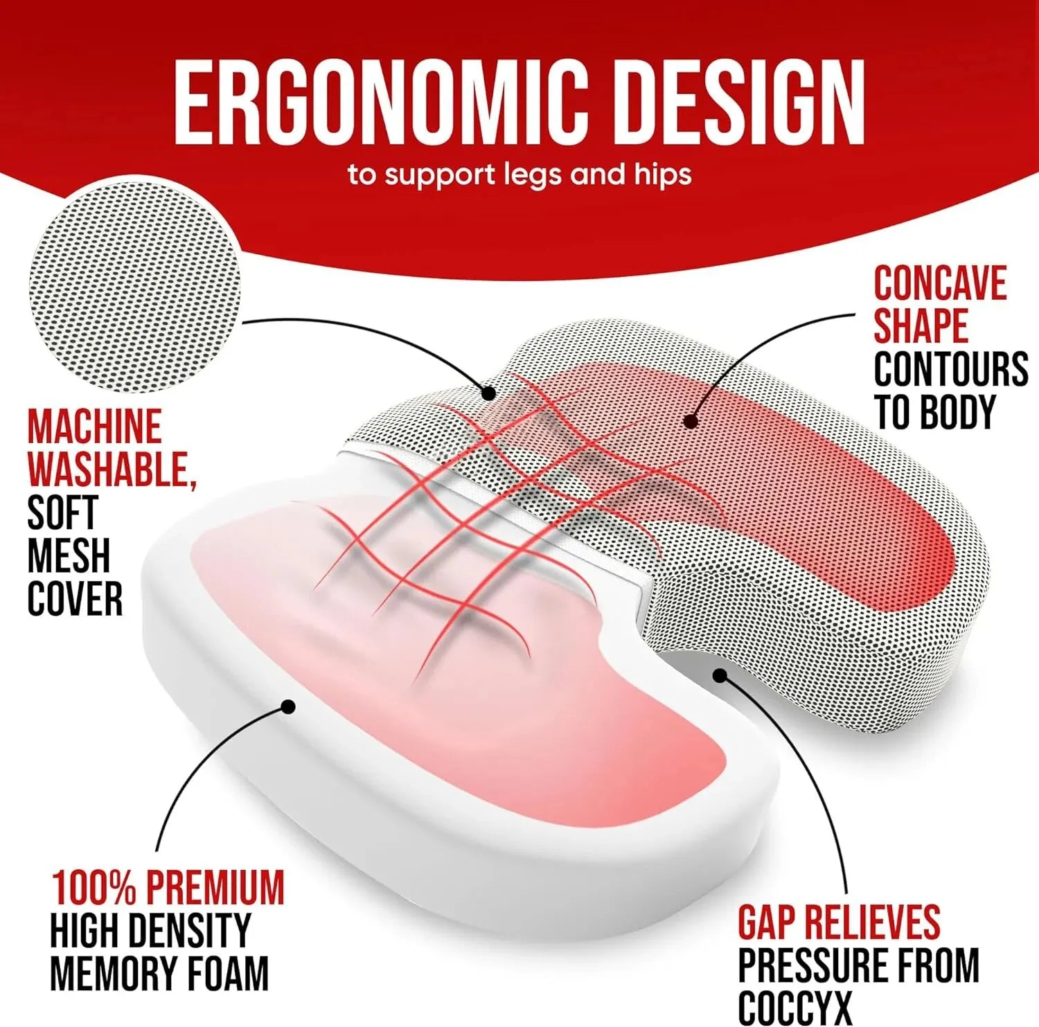 Ergonomic memory foam seat cushion with concave shape, machine washable mesh cover, and pressure relief design