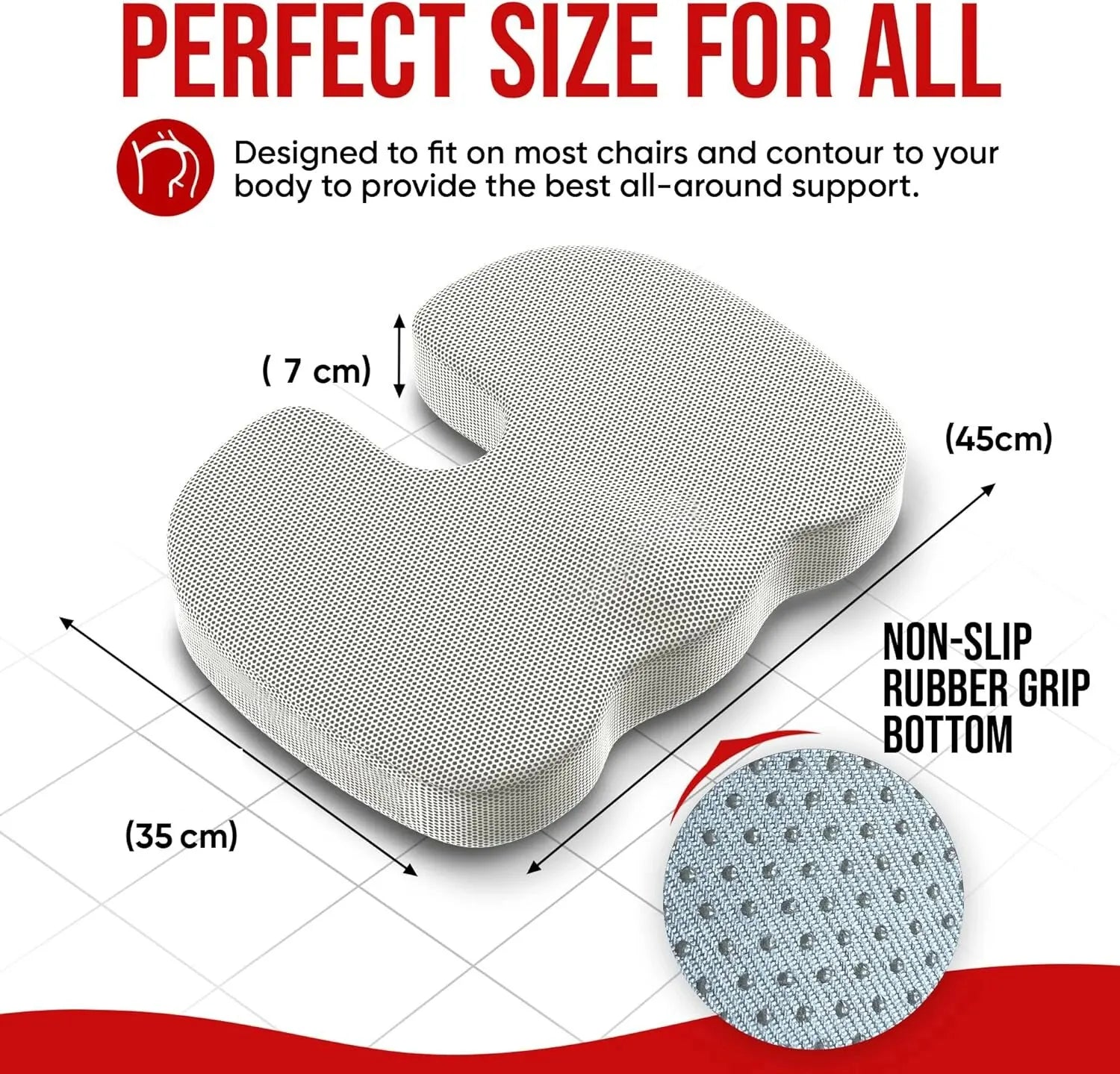 Ergonomic memory foam seat cushion with non-slip rubber grip bottom and dimensions 45 by 35 by 7 cm