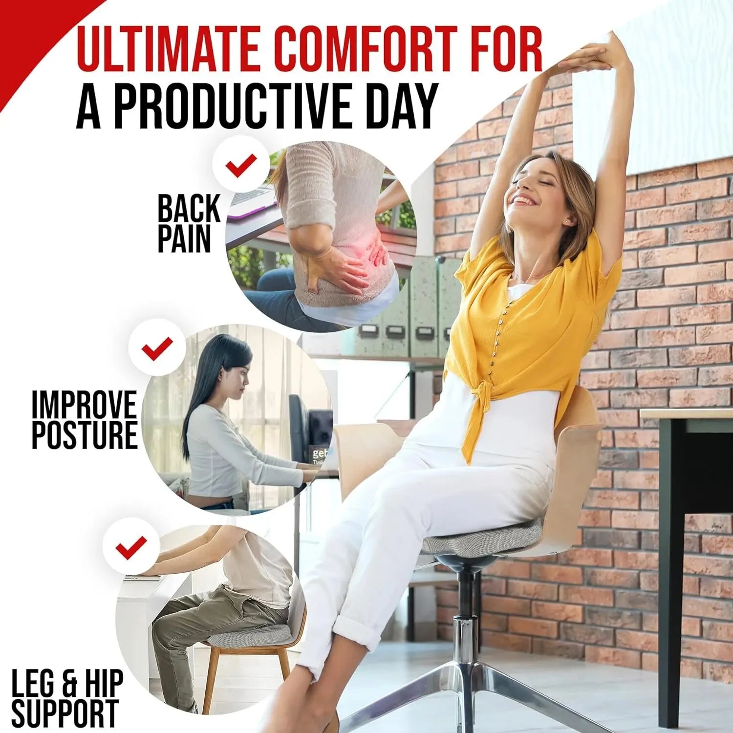 Ergonomic memory foam seat cushion providing ultimate comfort for back pain relief posture improvement and leg and hip support