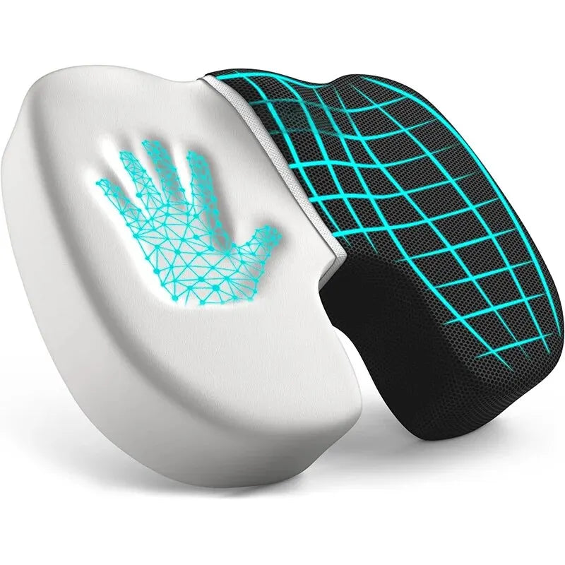 Ergonomic memory foam seat cushion with contoured shape and breathable mesh cover for comfort