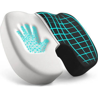 Ergonomic memory foam seat cushion with contoured shape and breathable mesh cover for comfort