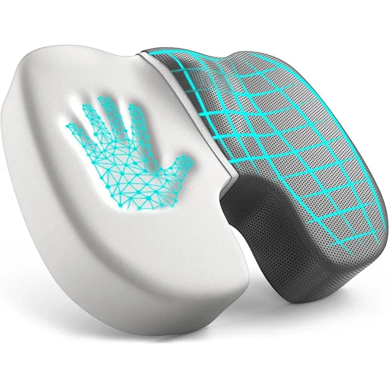 Ergonomic memory foam seat cushion with contoured design and breathable mesh cover for comfort