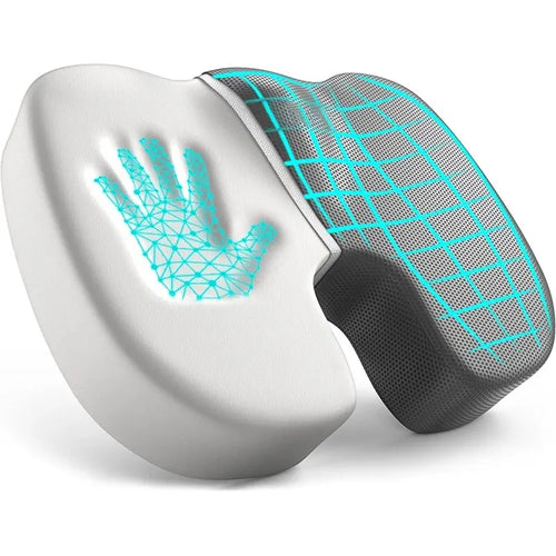 Ergonomic memory foam seat cushion with contoured design and breathable mesh cover for comfort