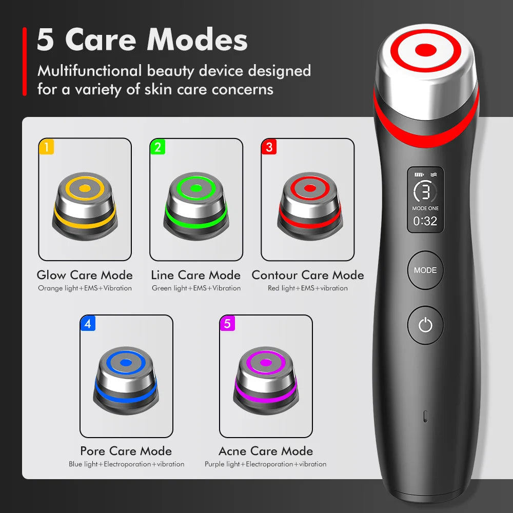 Zorelie.co face and neck lifting wand with 5 care modes including Glow, Line, Contour, Pore, and Acne Care