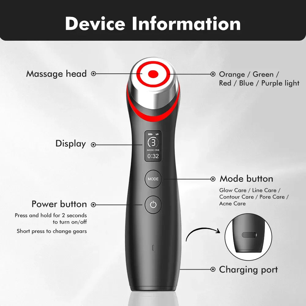 Zorelie.co face and neck lifting wand with massage head, multiple light colors display, and mode buttons