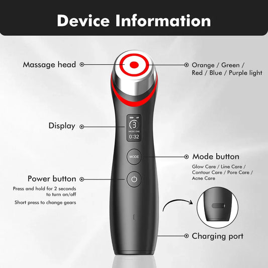 Zorelie.co face and neck lifting wand with massage head, multiple light colors display, and mode buttons