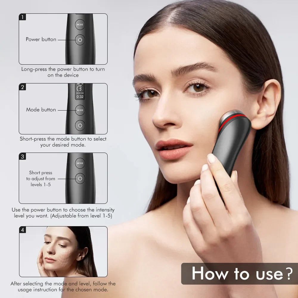 Woman demonstrating how to use the face and neck lifting wand with instructions on power and mode buttons
