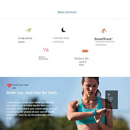 Smart fitness wristband with sleep monitor showing heart rate tracking and exercise functions on a woman’s wrist