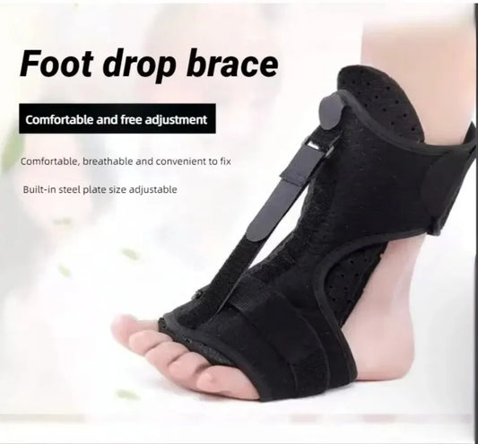 Black plantar fasciitis night splint foot drop brace with adjustable straps and breathable material