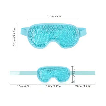 Zorelie.co blue gel eye mask for hot and cold therapy with adjustable strap and dimensions
