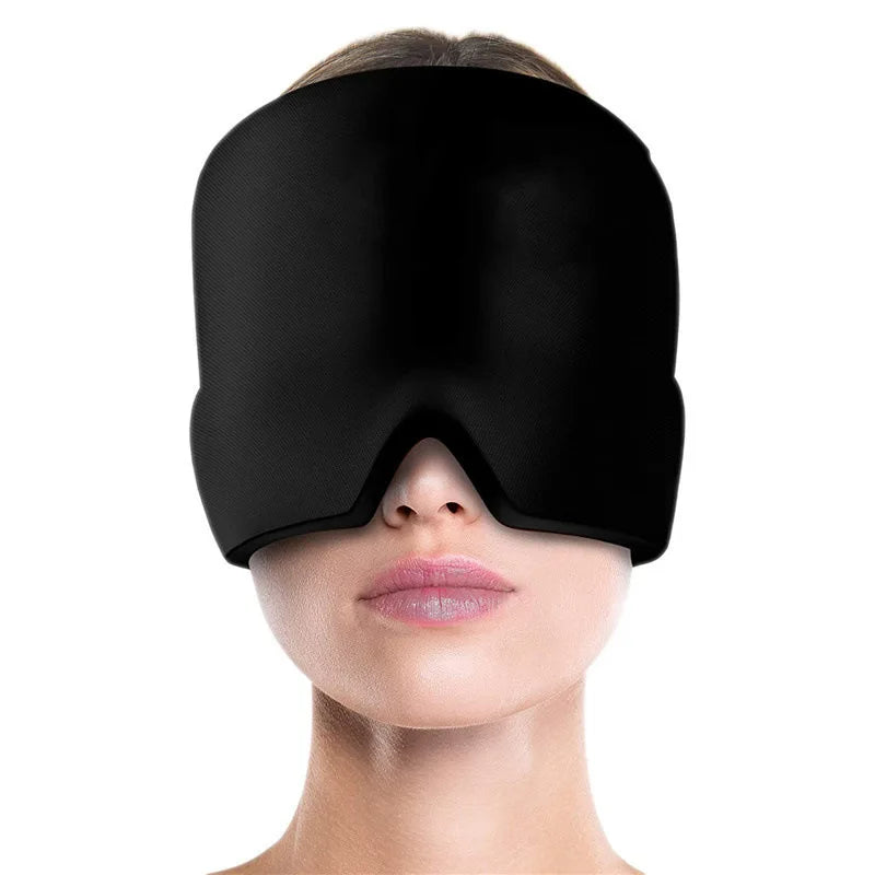 Woman wearing a black gel ice migraine relief hat covering eyes and forehead for headache comfort