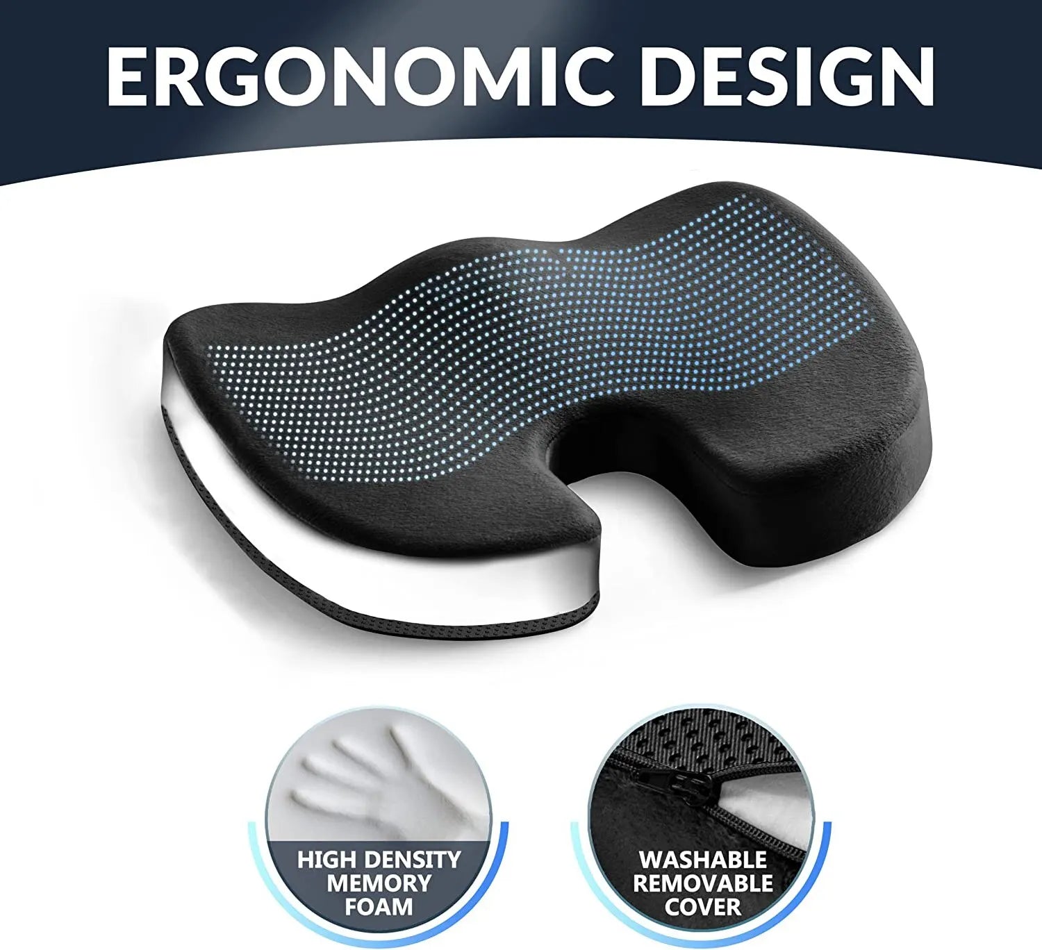 Ergonomic gel memory foam coccyx cushion with high density memory foam and washable removable cover