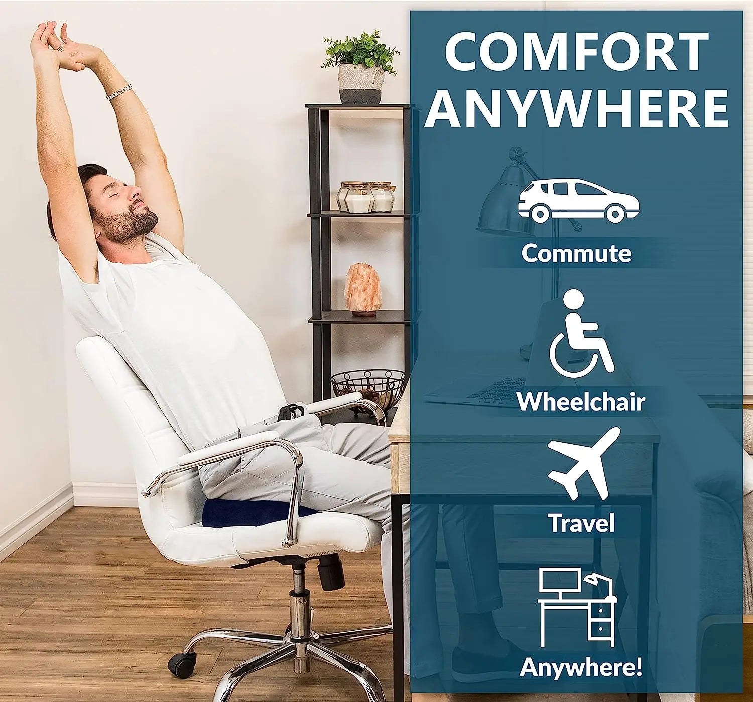 Man stretching while sitting on office chair with gel memory foam coccyx cushion for comfort anywhere