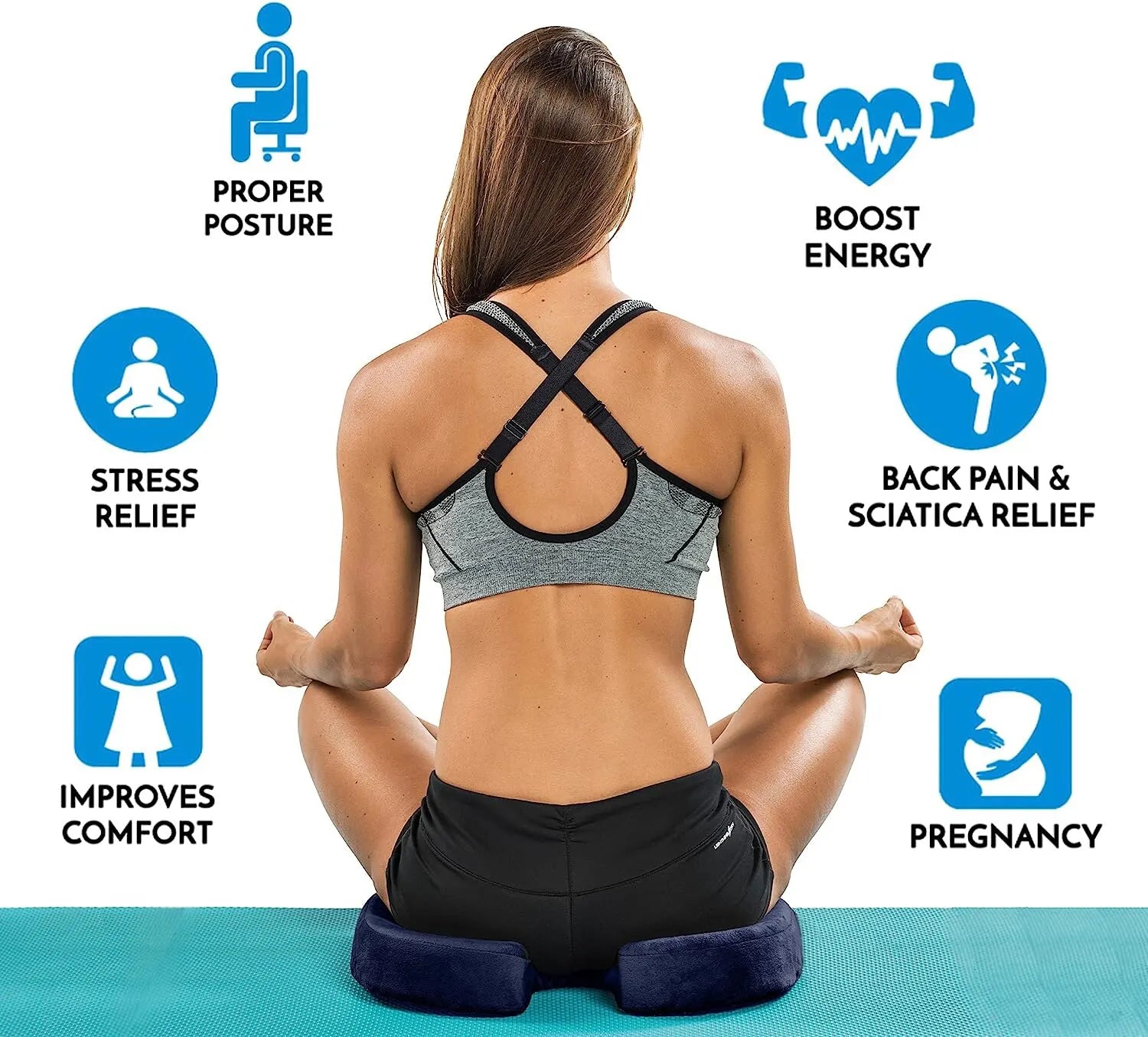 Woman sitting on a gel memory foam coccyx cushion demonstrating benefits like proper posture and back pain relief