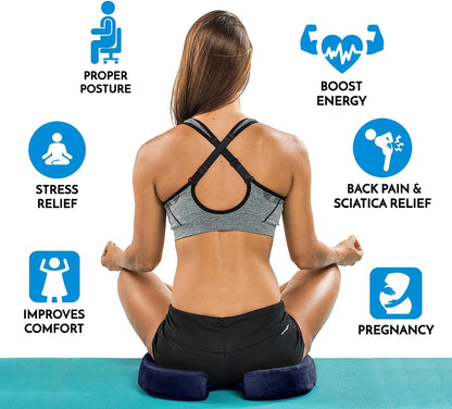 Woman sitting on a gel memory foam coccyx cushion demonstrating benefits like proper posture and back pain relief