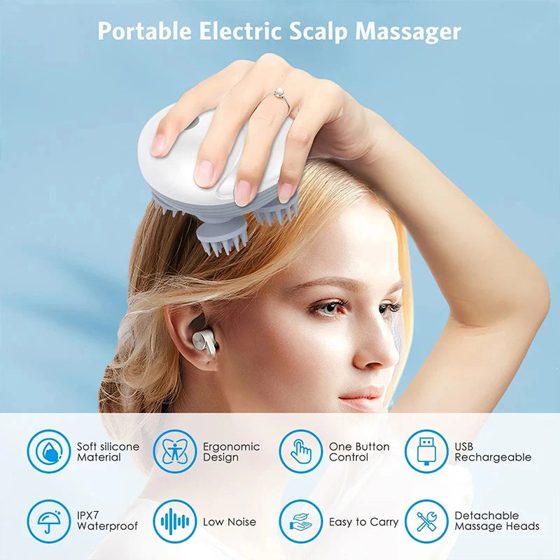 Woman using Zorelie.co portable electric head massager with soft silicone and ergonomic design